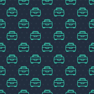 Mavi arka planda yeşil çizgi kutusu ya da kutu kutusu sendeleyici ve dişli balıkçılık ekipmanı ikonu izole edilmiş pürüzsüz desen. Balık oltası. Vektör