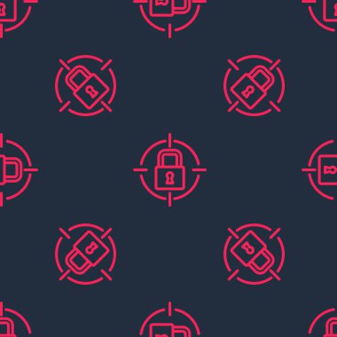 Red line Lock icon isolated seamless pattern on black background. Padlock sign. Security, safety, protection, privacy concept.  Vector