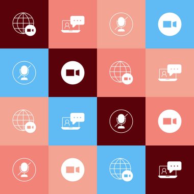 Set pop art Video chat conference, Mute microphone and  icon. Vector