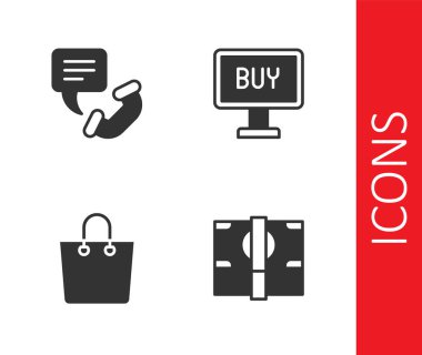 Set Stacks paper money cash, Telephone 24 hours support, Paper shopping bag and Buy button icon. Vector