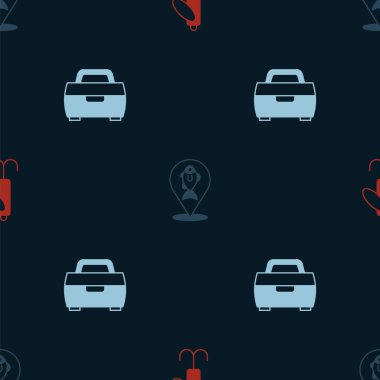 Set Fishing lure, Location fishing and Case or box for equipment on seamless pattern. Vector