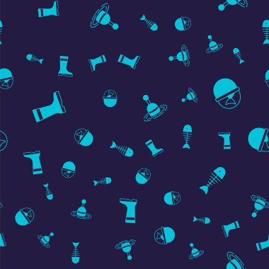 Set Fishing boots, bucket with fish, float water and skeleton on seamless pattern. Vector