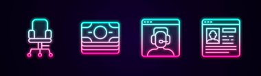 Set line Office chair, Stacks paper money cash, Telephone 24 hours support and Resume. Glowing neon icon. Vector