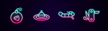 Set line Bomb, Fishing float in water, Inflatable boat with motor and Swiss army knife. Glowing neon icon. Vector