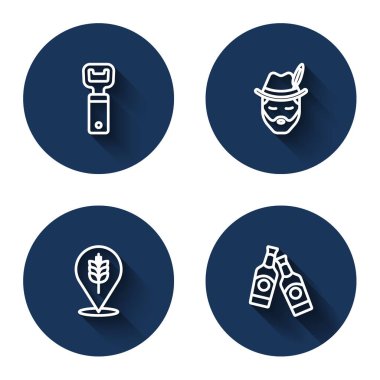 Set line Bottle opener, Oktoberfest man, Wheat and Beer bottle with long shadow. Blue circle button. Vector
