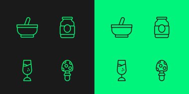 Set line Fly agaric mushroom, Wine glass, Mortar and pestle and Jam jar icon. Vector