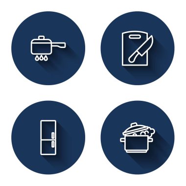 Set line Cooking pot on fire, Cutting board and knife, Refrigerator and  with long shadow. Blue circle button. Vector