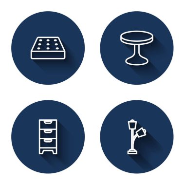 Set line Mattress, Round table, Chest of drawers and Floor lamp with long shadow. Blue circle button. Vector