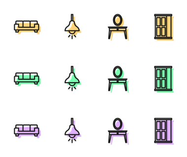 Set line Dressing table, Sofa, Lamp hanging and Wardrobe icon. Vector