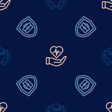 Set line Education grant, Briefcase with shield and Life insurance in hand on seamless pattern. Vector
