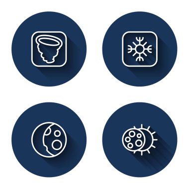Set line Tornado, Snowflake, Moon phases and Eclipse of the sun with long shadow. Blue circle button. Vector