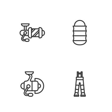 Set line Fisherman pants, Spinning reel for fishing,  and Fishing net icon. Vector
