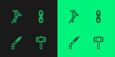 Set line Sledgehammer, Welding torch, Metallic nails and Chain link icon. Vector