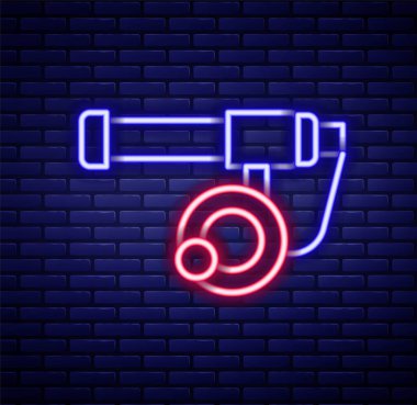 Işıldayan neon hattı Balıkçı Çubuğu simgesi tuğla duvar arkasında izole edildi. Büyük bir balık yakala. Balıkçılık ekipmanları ve balık çiftliği konuları. Renkli taslak konsepti. Vektör