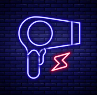 Parlayan neon hattı saç kurutma ikonu tuğla duvar arka planında izole edilmiş. Saç kurutma makinesi tabelası. Saç kurutma sembolü. Sıcak hava üflüyor. Renkli taslak konsepti. Vektör