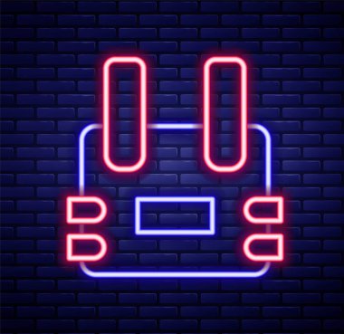 Duvarda izole edilmiş kurşun ikonundan korunmak için parlak neon çizgili çelik yelek. Vücut zırhı işareti. Askeri kıyafetler. Renkli taslak konsepti. Vektör