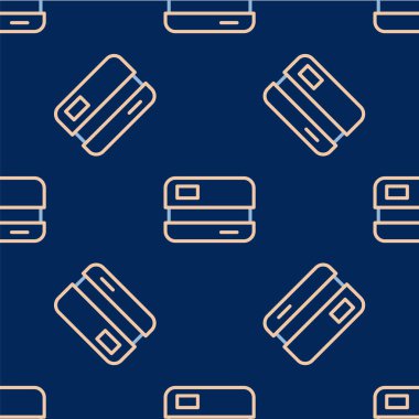 Çizgi kredi kartı simgesi mavi arkaplanda kusursuz desen izole etti. Çevrimiçi ödeme. Nakit çekilmesi. Finansal operasyonlar. Alışveriş tabelası. Vektör