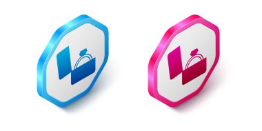 Beyaz arka planda izole edilmiş bir kutu simgesinde Isometric Diamond nişan yüzüğü. Altıgen düğmesi. Vektör