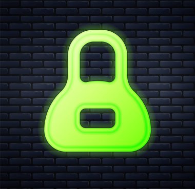 Parlayan neon ağırlık simgesi tuğla duvar arka planında izole edildi. Kilogram ağırlık kaldırmak ve ölçmek için ağırlık bloğu. Kütle sembolü. Vektör