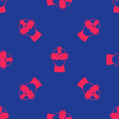 Kırmızı sanal gerçeklik gözlüğü ikonu mavi arkaplanda izole edilmiş kusursuz desen. Stereoskopik 3D VR maskesi. Optik baş monte edildi. Vektör