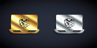 Siyah arkaplanda izole edilmiş altın ve gümüş oyun zar simgesi. Kumarhane kumarı. Uzun gölge tarzı. Vektör