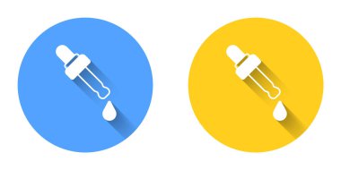 White Pipette with oil icon isolated with long shadow background. Organic aromatherapy essence. Skin care serum glass drop package. Circle button. Vector