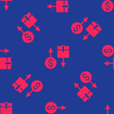 Kırmızı Vergi karton kutu simgesi mavi arkaplanda izole edilmiş kusursuz desen. Kutu, paket, paket işareti. Teslimat ve ambalaj. Vektör