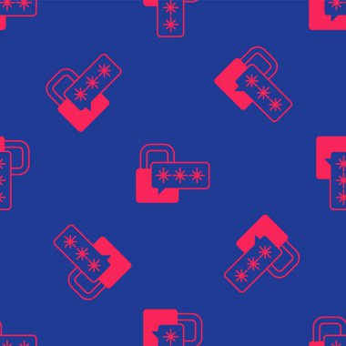 Kırmızı Siber güvenlik ikonu mavi arka planda kusursuz deseni izole etti. Dijital devre kartında kapalı asma kilit. Güvenlik kavramı. Dijital veri koruması. Vektör