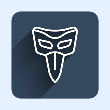 Beyaz çizgi karnaval maskesi ikonu uzun gölge arkaplanı ile izole edildi. Maskeli balo maskesi. Mavi kare düğme. Vektör