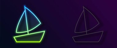 Parlayan neon hattı ya da siyah arka planda izole edilmiş yelkenli gemi simgesi. Yelkenli deniz seyahati. Vektör