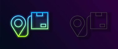 Siyah arkaplanda izole edilmiş karton kutu simgesiyle parlayan neon çizgi konumu. Teslimat hizmetleri, lojistik ve ulaşım, dağıtım. Vektör