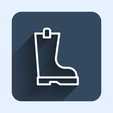 Beyaz çizgi, su geçirmez lastik bot ikonu uzun gölge arkaplanı ile izole edilmiş. Yağmurlu hava, balıkçılık, bahçe işleri için çizme. Mavi kare düğme. Vektör
