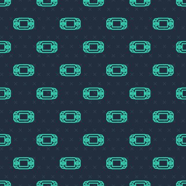 Yeşil çizgi taşınabilir video oyun konsolu simgesi mavi arkaplanda izole edilmiş kusursuz desen. El bilgisayarı oyun konsolu. Vektör