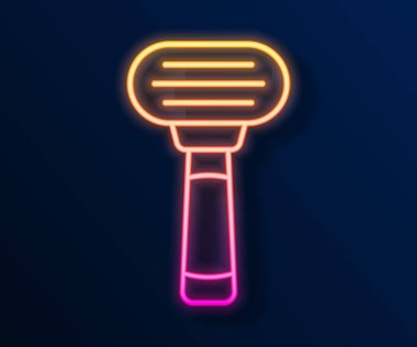 Parlak neon çizgisi, traş makinesi simgesi siyah arkaplanda izole edilmiş. Vektör