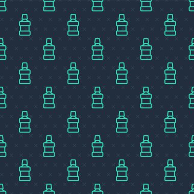 Green line Mouthwash plastic bottle icon isolated seamless pattern on blue background. Liquid for rinsing mouth. Oralcare equipment.  Vector