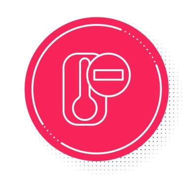 Beyaz çizgi Meteoroloji termometresi beyaz arka planda izole edilmiş ısı ve soğuk ikonu ölçüyor. Termometre termometresi sıcak ya da soğuk hava gösteriyor. Kırmızı daire düğmesi. Vektör