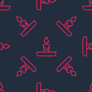 Kırmızı çizgi, şamdan simgesinde yanan mum siyah arkaplanda izole edilmiş pürüzsüz desen. Silindirik mum çubuğu ve yanan ateş. Vektör