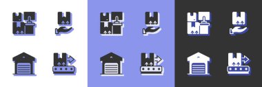 Set Conveyor belt with box, Warehouse boxes,  and Delivery hand icon. Vector