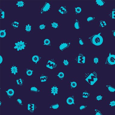 Set Leaf, Hedgehog and Cup of tea on seamless pattern. Vector