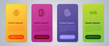 Set line Cancelled fingerprint, Password protection, Lock and Mobile with closed padlock. Business infographic template. Vector