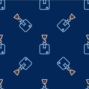 Line Crane with carton cardboard box icon isolated seamless pattern on blue background. Crane lifts a container with cargo.  Vector