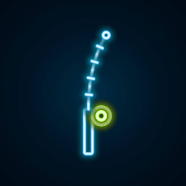 Parlayan neon hattı Balıkçı Çubuğu simgesi siyah arkaplanda izole edildi. Büyük bir balık yakala. Balıkçılık ekipmanları ve balık çiftliği konuları. Renkli taslak konsepti. Vektör