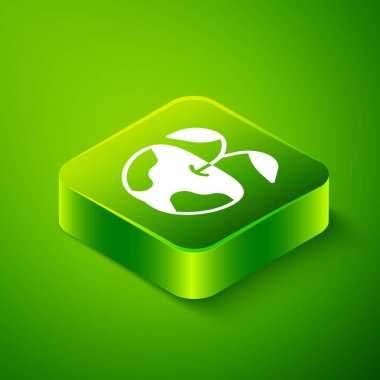 Isometric Apple simgesi yeşil arkaplanda izole edildi. Fazla kilolu. Sağlıklı diyet menüsü. Fitness diyeti elması. Yeşil kare düğmesi. Vektör