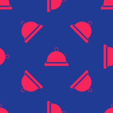 Red Covered with a tray of food icon isolated seamless pattern on blue background. Tray and lid sign. Restaurant cloche with lid.  Vector
