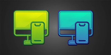 Yeşil ve mavi online sipariş ve fast food dağıtım ikonu siyah arka planda izole edildi. Vektör