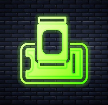 Parlayan neon yiyecekler, duvarın arkasında izole edilmiş gezici ikona sipariş ediliyor. Cep telefonuyla sipariş verin. Restoran yemek teslimatı konsepti. Vektör