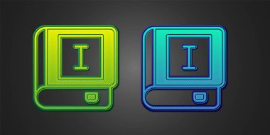 Green and blue Book icon isolated on black background. First volume.  Vector