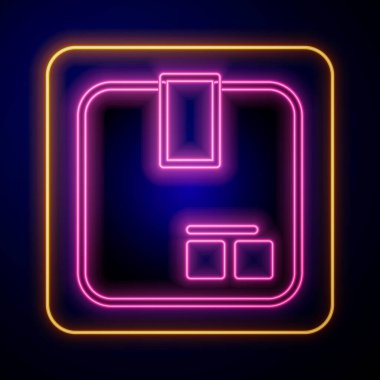 Parlayan neon karton kutu simgesi siyah arkaplanda izole edildi. Kutu, paket, paket işareti. Teslimat ve ambalaj. Vektör