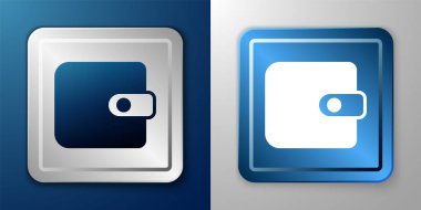 Beyaz Cüzdan simgesi mavi ve gri arkaplanda izole edilmiş. Çanta ikonu. Nakit tasarruf sembolü. Gümüş ve mavi kare düğme. Vektör