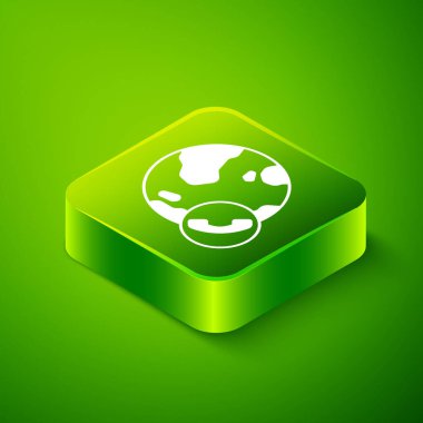 Isometric Video sohbet konferansı simgesi yeşil arkaplanda izole edildi. Çevrimiçi iş görüşmesi formu. Uzak proje yönetimi. Yeşil kare düğmesi. Vektör